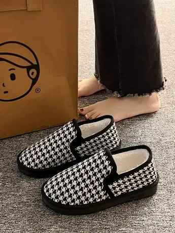 棉鞋女冬季加绒外穿保暖一脚蹬黑色千鸟格女鞋软底防滑加厚孕妇鞋商品大图