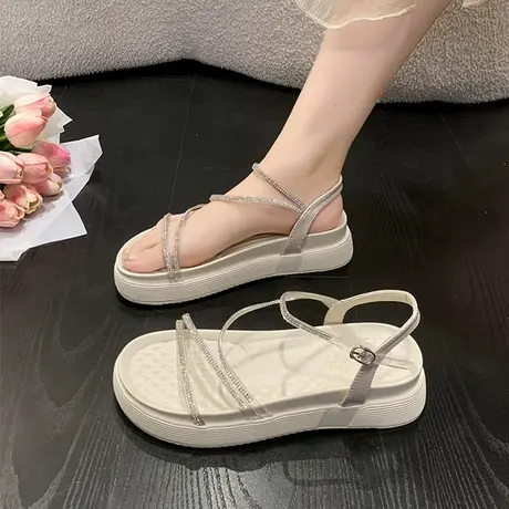 鞋子女凉鞋2023年夏春新款松糕厚底沙滩鞋配裙子仙女风水钻罗马鞋图片