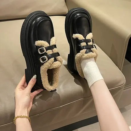 乐福鞋女2024秋冬新款厚底英伦风加绒小皮鞋复古玛丽珍鞋保暖棉鞋商品大图