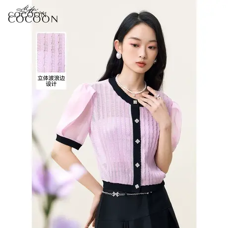 miss COCOON撞色泡泡袖短袖针织上衣女2023夏新款V领减龄短款毛衫商品大图