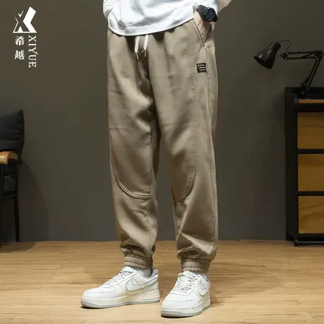 希越加绒加厚休闲卫裤男秋冬束脚运动裤宽松大码抽绳拼接九分裤子图片