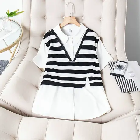 伊自尚2024新款大码女装胖mm夏季新品简约休闲宽松假两件衬衫上衣图片