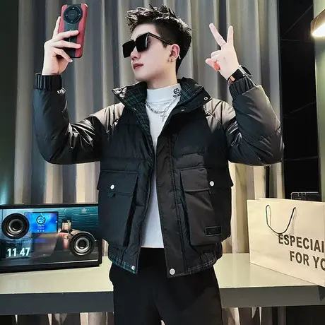 工装立领棉服男冬季新款潮牌设计感撞色格子拼接假两件棉衣外套图片