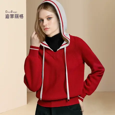 迪菲丽格红色休闲百搭连帽毛衣女2024春季新款宽松气质打底针织衫图片