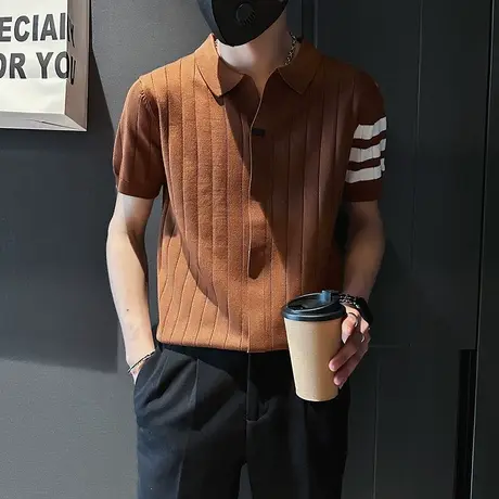 夏季男休闲百搭设计感条纹潮牌t恤2023新款修身夏天竖条上衣短袖商品大图