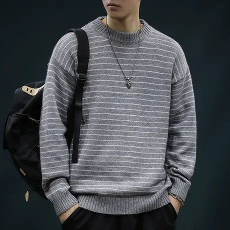 冬季宽松打底条纹复古圆领毛衣秋冬款男装针织衫2024新款套头上衣商品大图