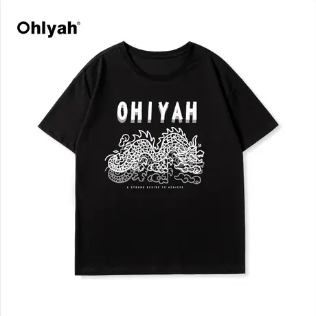 Ohlyah2024春季新款男女同款圆领小龙印花短袖纯棉学院风T恤潮牌图片