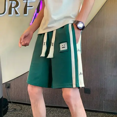 夏季男士短裤五分裤裤子沙滩裤宽松潮牌直筒休闲潮流运动条纹中裤商品大图