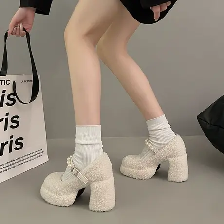 粗跟玛丽珍鞋女冬季法式晚风毛毛鞋女外穿加绒仙女鞋高跟鞋单鞋子图片