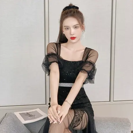 法式赫本风小黑裙泡泡袖气质蕾丝连衣裙女网纱拼接方领小礼服日常商品大图