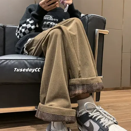 灯芯绒裤子男秋冬季宽松休闲阔腿长裤潮牌ins直筒加厚复古运动裤商品大图