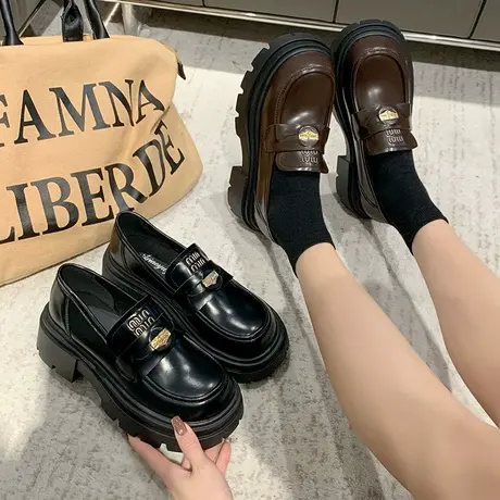 黑色厚底小皮鞋女英伦风设计感小众金币复古粗跟单鞋一脚蹬乐福鞋商品大图