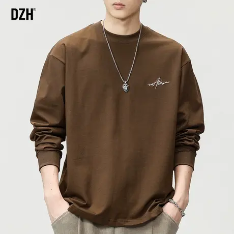 男士咖啡色长袖t恤男春季2024年新款美式复古上衣纯棉打底衫衣服商品大图