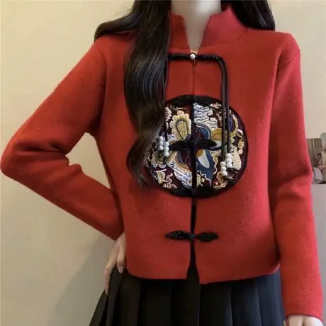 新中式针织开衫外套女2024春季新款爆款本命年红色毛衣洋气百搭女图片