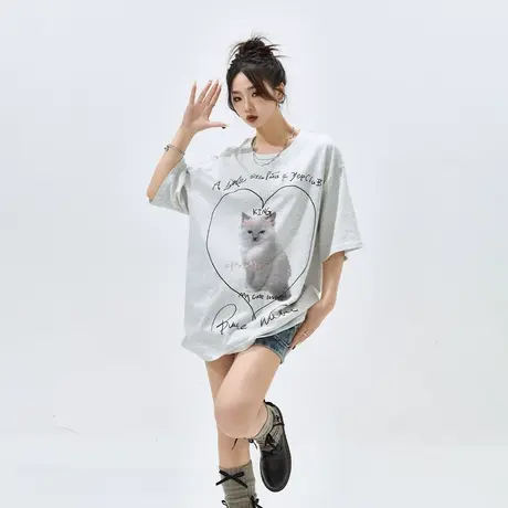 YEP猫咪印花短袖t恤女夏季2024新款复古宽松oversize情侣半袖上衣图片