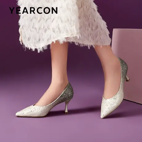 意尔康法式气质高跟鞋女2024新款春亮片尖头细跟单鞋礼服伴娘婚鞋商品大图