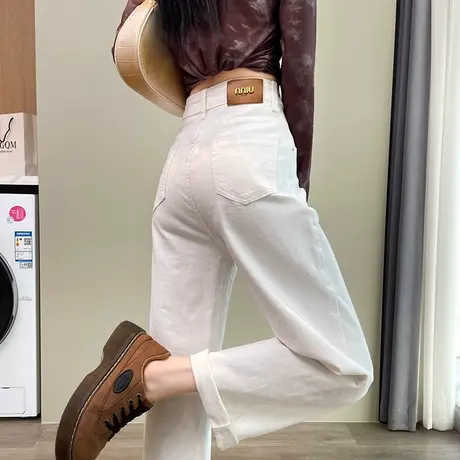 白色阔腿牛仔裤女春秋新款2024高腰窄版宽松显瘦九分休闲直筒裤子商品大图