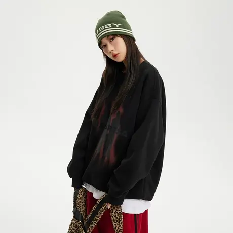 潮牌印花圆领卫衣女春秋2024新款爆款街头复古情侣装宽松无帽上衣商品大图