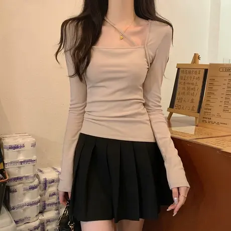 纯欲风方领打底衫女2023新款春秋季胸垫内搭修身长袖t恤早春上衣图片