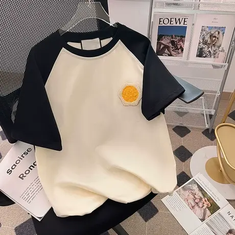 纯棉插肩撞色设计感短袖t恤女夏季新款美式复古休闲百搭宽松上衣商品大图