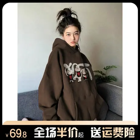 美式复古hiphop连帽重磅卫衣女秋冬季加绒加厚宽松慵懒风外套潮牌商品大图