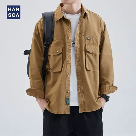 hansca工装衬衫长袖男重磅日系复古春季潮牌多口袋高级感休闲外套商品大图