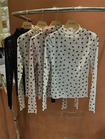 韩国东大门2024春季新款半高领蝴蝶结透视打底衫长袖T恤女上衣服商品大图