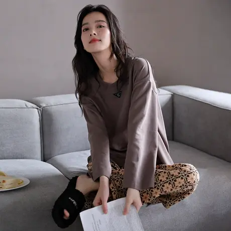 婷美纯棉秋冬季睡衣女2023年新款圆领套头春秋款可外穿家居服套装图片