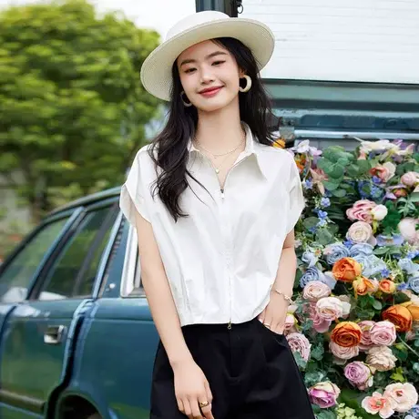 时尚气质设计感拉链短袖衬衫女士2023年小众洋气显瘦上衣开衫商品大图