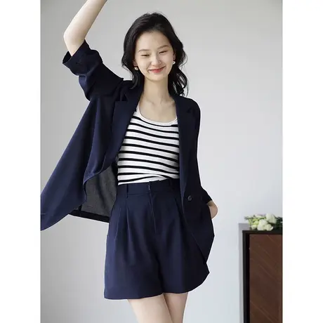 嘉茱莉2023夏季新款七分袖小西装外套女薄款小西服短裤套装设计感商品大图