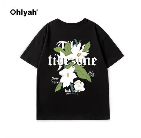 Ohlyah潮牌新款大LOGO植物花卉印花情侣高街宽松休闲短袖T恤男女图片