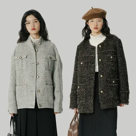 omont蛋挞家 小香风羽绒服女春季2023新款复古短款毛呢初春外套女商品大图