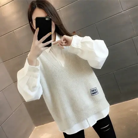 纯色百搭V领毛衣背心马夹女宽松2023新款韩版学生外搭毛针织坎肩商品大图