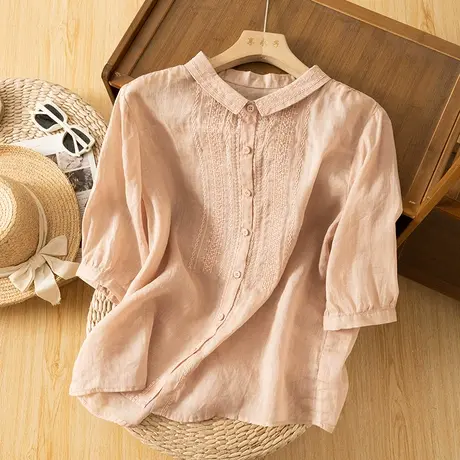 享永子七分袖苎麻衬衫女夏刺绣文艺复古宽松显瘦棉麻上衣2023新款商品大图