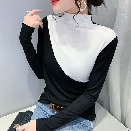 2023春秋新款时尚撞色长袖T恤女欧货半高领打底衫设计感个性上衣商品大图