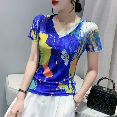 欧货性感V领T恤女短袖时尚洋气印花网纱上衣修身百搭体恤别致小衫商品大图