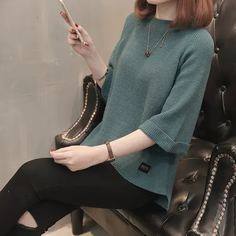 2022新款女装春装女七分袖圆领宽松针织女士毛衣打底衫短款上衣潮图片