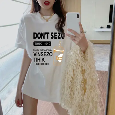 白色短袖t恤女2023夏季新款半袖体恤欧货大版中长款纯棉上衣潮牌商品大图