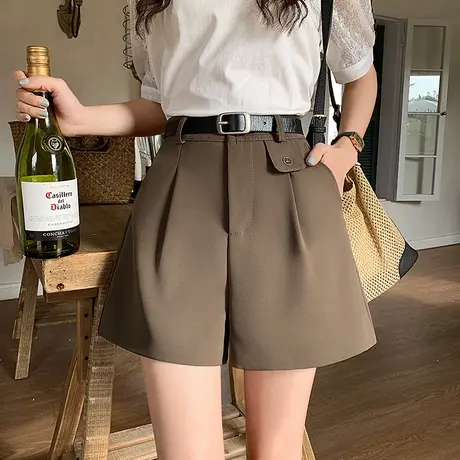 西装短裤女春夏2023新款爆款配腰带宽松设计感高腰阔腿a字休闲裤图片