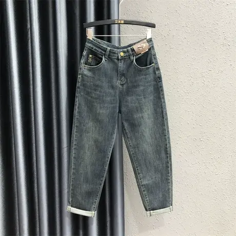 2023秋季新款高腰宽松显瘦直筒百搭哈伦裤欧版刺绣复古牛仔长裤女商品大图