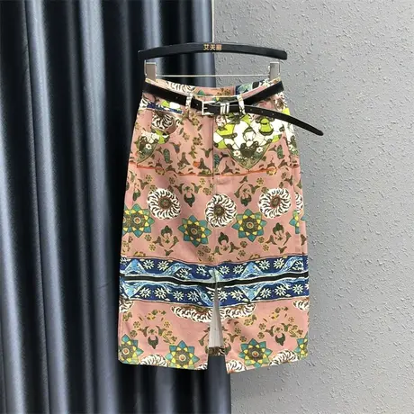 名族风印花牛仔半身裙女2023秋季新款减龄开叉高腰中长款包臀裙潮图片