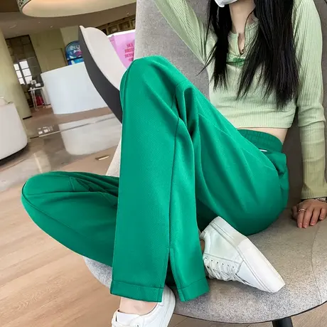 绿色开叉阔腿裤女2023年春秋新款高腰直筒宽松小个子休闲拖地长裤图片