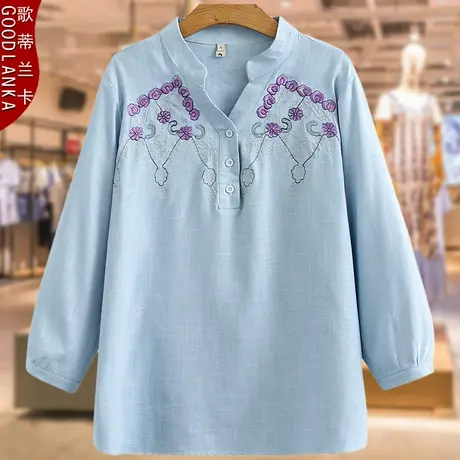 加肥加大码衬衣女200斤中年妈妈秋装宽松遮肚刺绣V领长袖T恤上衣商品大图