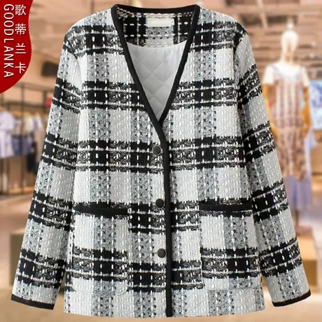 中年50岁胖妈妈秋冬毛呢短外套洋气高贵大码女装V领夹棉薄款棉衣商品大图