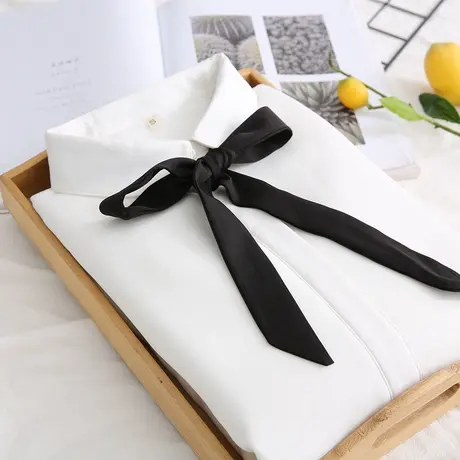 白色雪纺加绒衬衫女长袖秋冬新款蝴蝶结系带韩版学生百搭衬衣打底图片