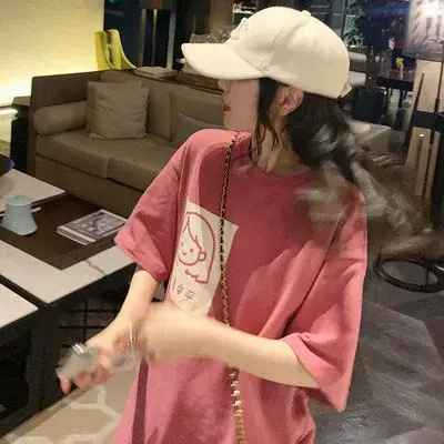 夏装2023年新款网红ins超火粉色短袖t恤女宽松中长款半袖上衣服潮商品大图