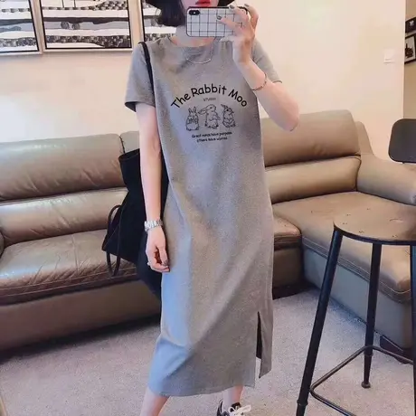 夏季休闲大码连衣裙女2023新款开叉设计感长款过膝短袖t恤裙长裙图片
