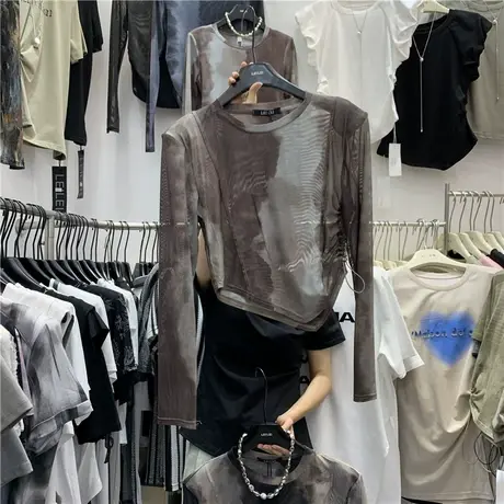 美式复古晕染扎染不规则单侧抽绳短款薄款冰丝垫肩防晒衫女2023夏图片