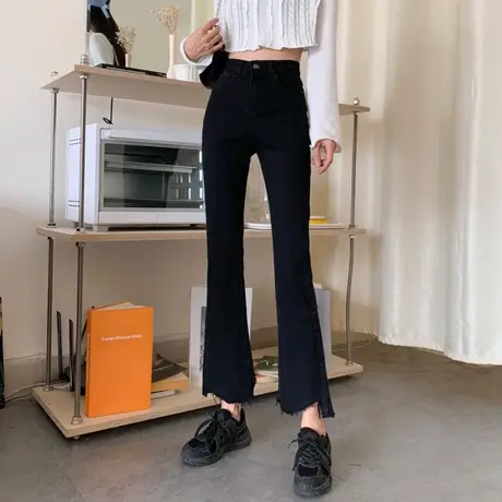 秋冬2023年新款高腰弹力显瘦黑色微喇裤子不规则牛仔九分裤女装潮商品大图