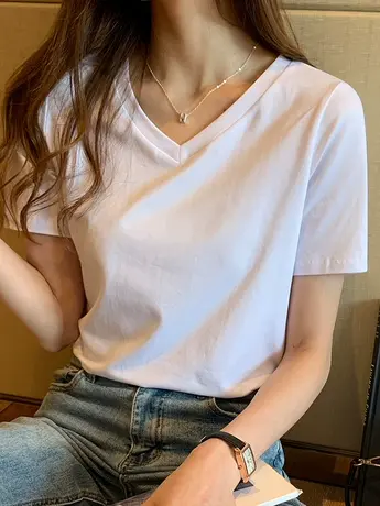 v领t恤女短袖白色宽松显瘦2023年新款纯色正肩鸡心领纯色上衣体恤图片